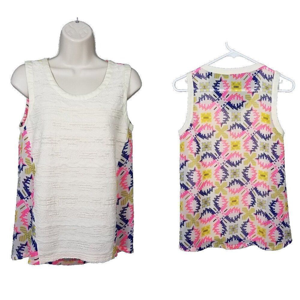 Color Block Small Sleeveless Pink Blue Colorful Scoop Blouse Boho Preppy Shirt